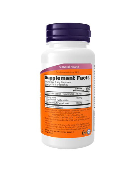 Hyaluronic Acid + MSM - 60 Cápsulas - Now Foods