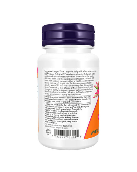 Mega Vitamina D3 5000ui & MK-7 180mcg - 120 Cápsulas - Now Foods