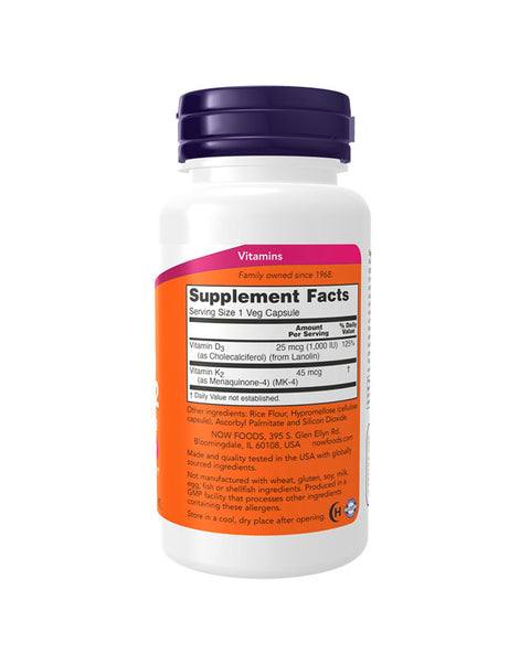 Vitamin D3 &amp; K2 (1000ui / 45ug) - 120 Capsules - Now Foods