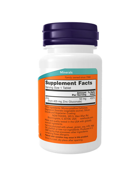 Zinc Gluconate 50mg - 100 Comprimidos - Now Foods